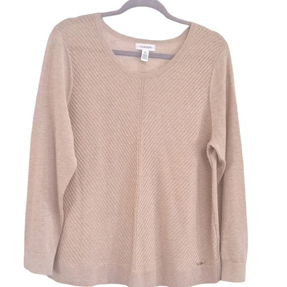 Calvin Klein Layered T-shirt Hem Sweater Beige Knit Chevron Pattern Size Large - Picture 1 of 15